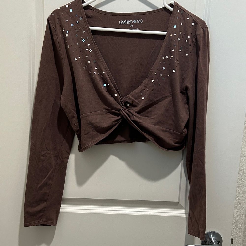 Limited Too Chocolate Brown Sequin Long Sleeve Blouse (Size M or Girl 20)